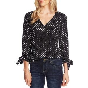 CeCe Heirloom Black White Polka Dot Long Sleeve Blouse Size S